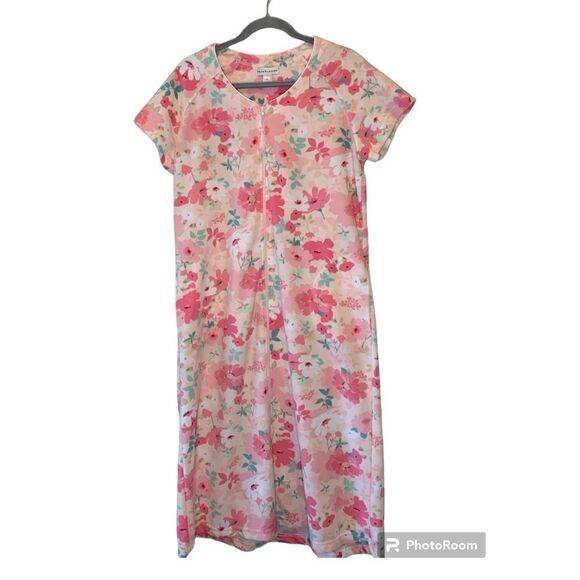 Miss Elaine womens medium robe long full zip short sleeve pink floral pockets. - Picture 1 of 6